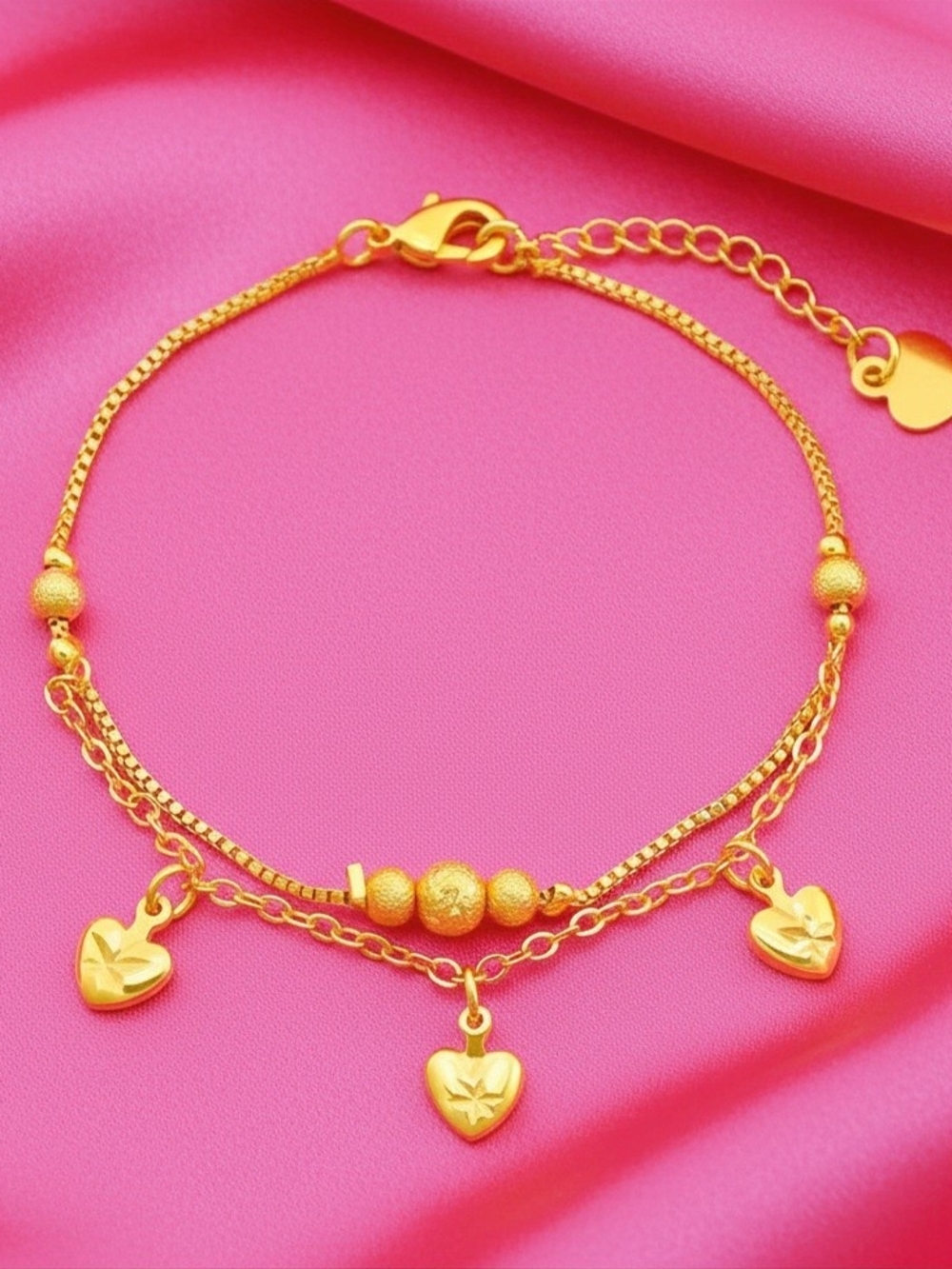 18K Gold-plated Heart Charm Double‎ Chain Bracelet - NEW